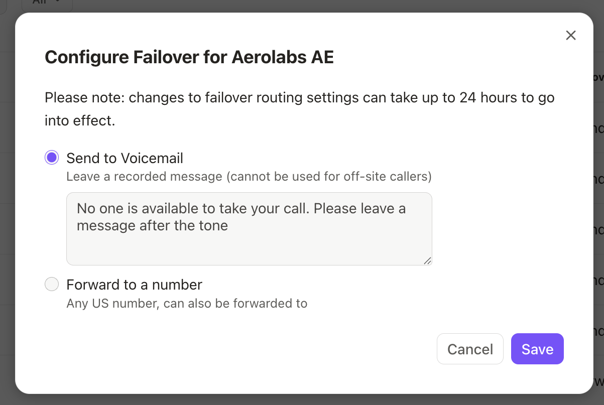 Configuration options for Aerolabs AE failover settings, including voicemail and forwarding options.